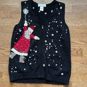Susan Bristol Holiday Zip Sweater Vest Cotton Blend Santa Embellishment M